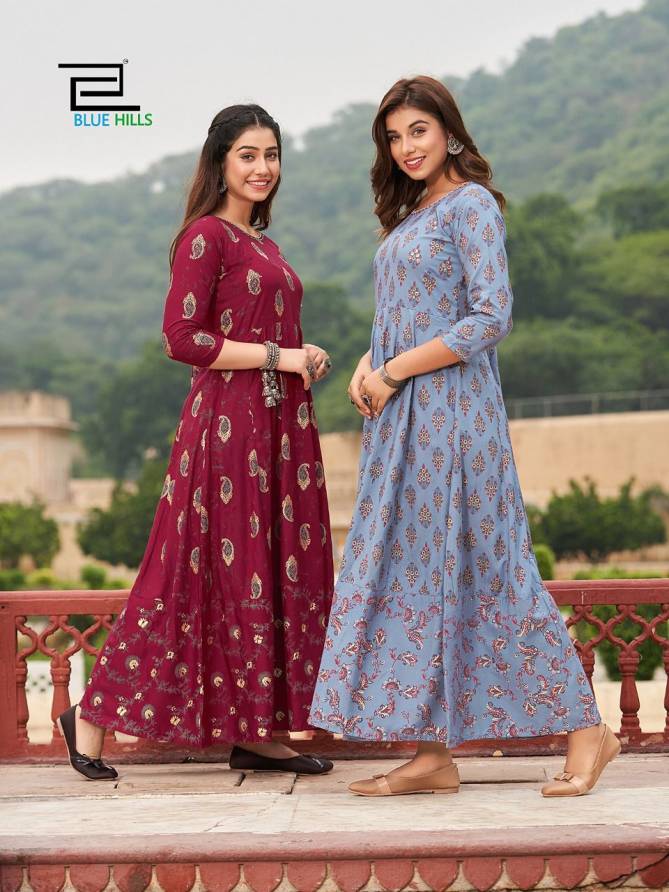 Blue Hills Rani 1 Rayon Printed Ethnic Wear Long Anarkali Kurti Collection